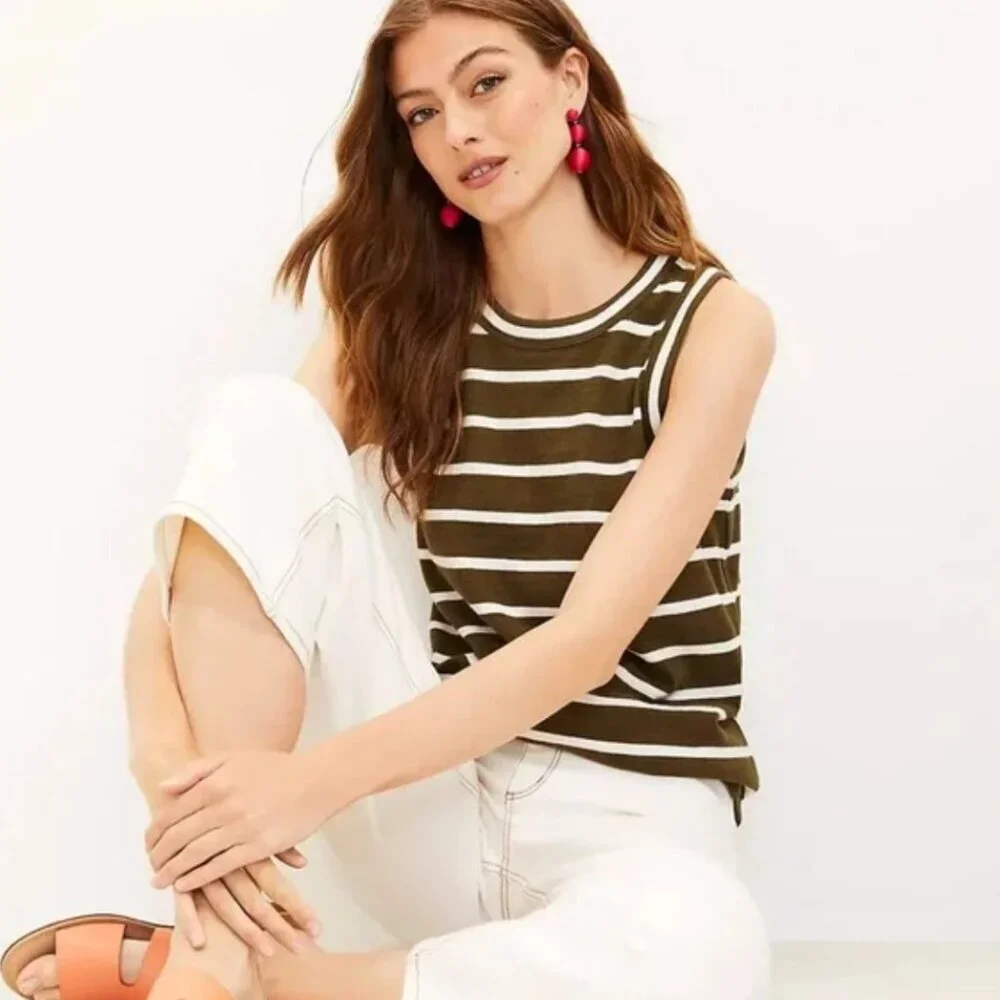LOFT Dark Green and White Striped Sleeveless Tank - Picture 7 of 7
